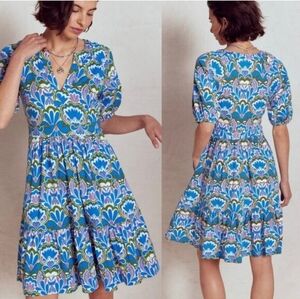 Boden Piper Floral Jersey Dress Fit Flare Short Sleeve Kingfisher Blue Freesia